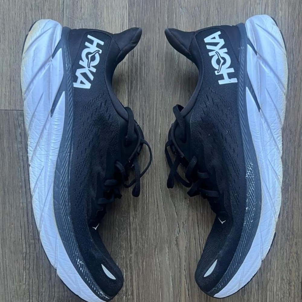 HOKA Clifton 8 men's running shoes in Black/White, size US 12 D.